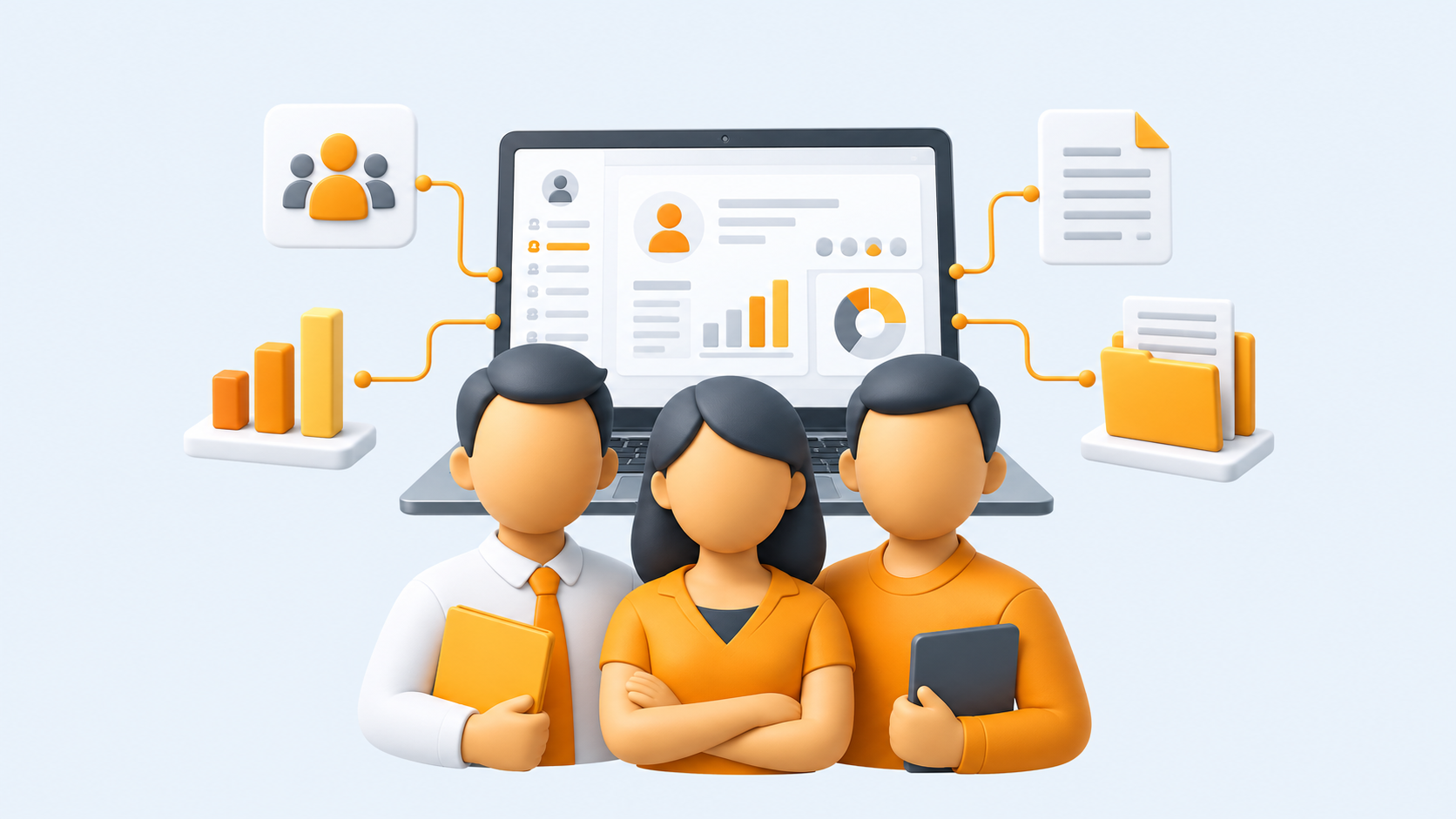 Equipo conectado a una plataforma de recursos humanos con gráficos y documentos